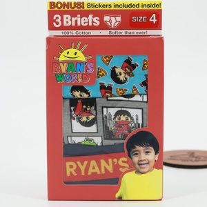 Ryans World Boys 3 Pack Briefs‎ Underwear Size 4 100% Cotton New with Stickers